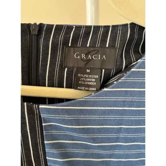 Gracia Three Tone Blue Jean Stripe Asymmetrical Top Architectural Chic - M - Picture 4 of 4